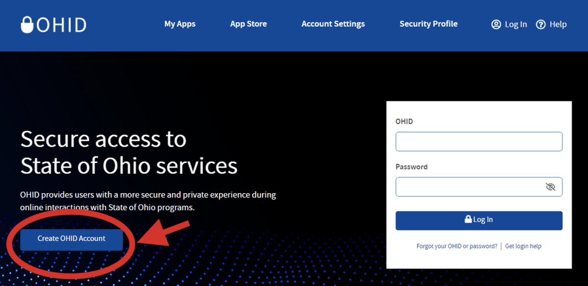 A red circle and arrow point to the blue "Create OHID Account" button on the State of Ohio services login page.