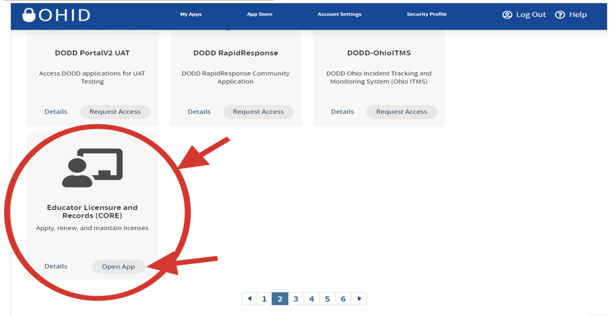 A red circle and arrow highlight the "Educator Licensure and Records (CORE)" application tile on the OHID App Store page, specifically pointing to the "Open App" button.