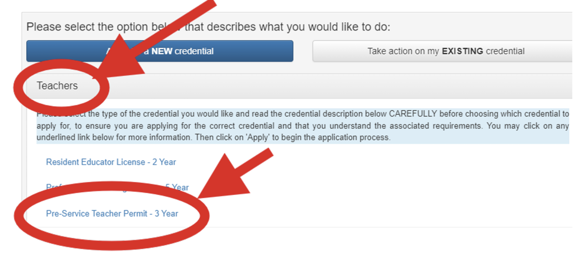 A red circle and arrow highlight the "Teachers" tab. A second red circle and arrow point to the "Pre-Service Teacher Permit - 3 Year" link below it on an application page.