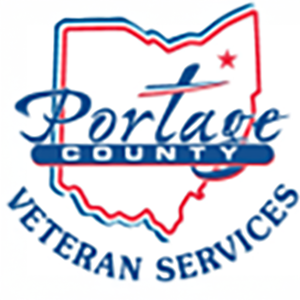 A blue and red outline of the state of Ohio overlaid with the words "Portage County" and placed above the words "Veteran Services"