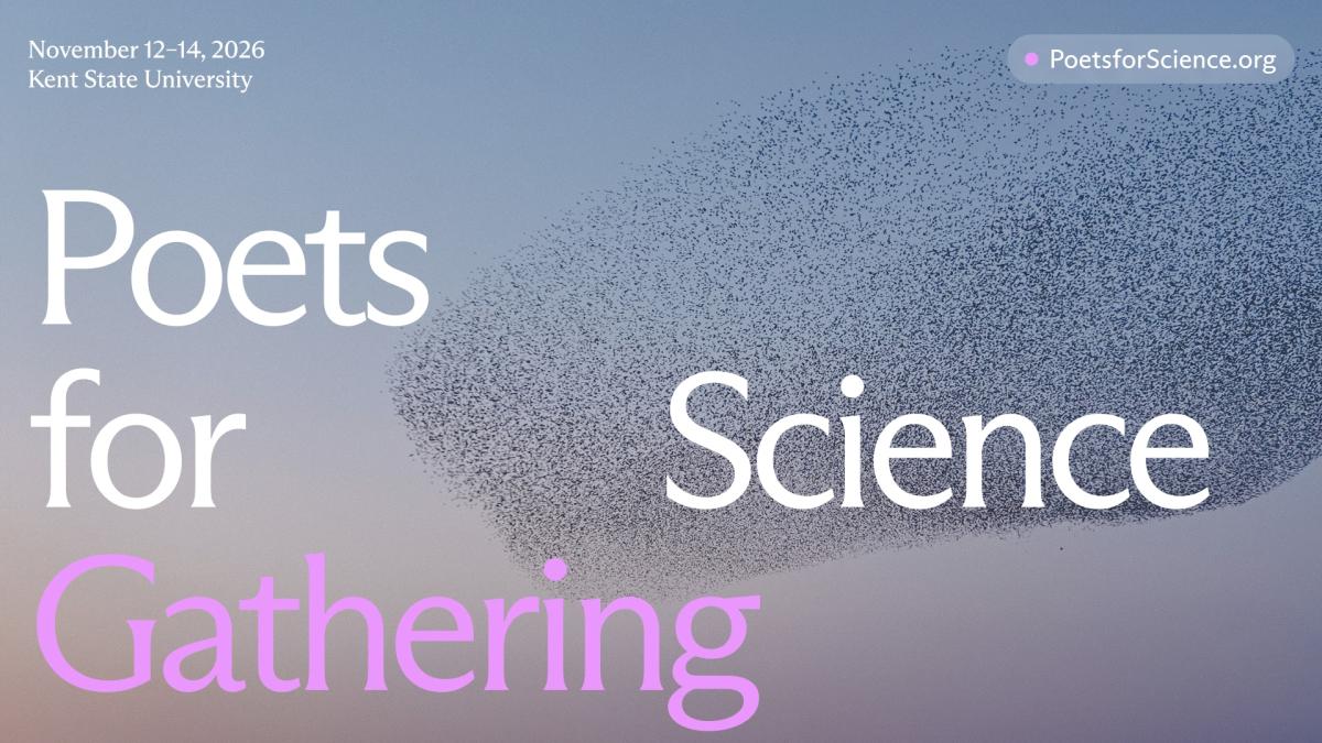 Poets for Science Gathering graphic, featuring a background of a blue and purple sky at dusk and a murmuration of starlings.