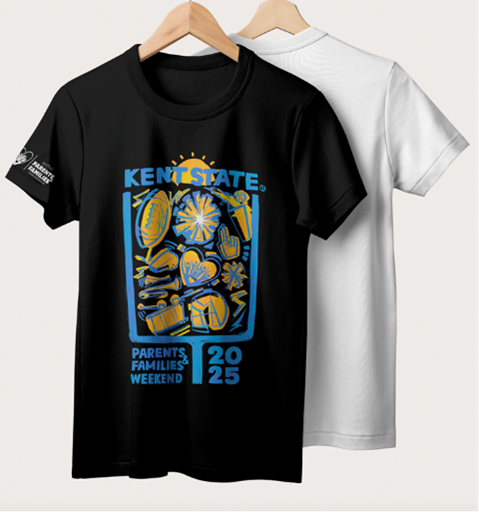 Front view of a black t-shirt handing from a wooden hanger; Parents & Families Weekend 2025 graphic on the front of the shirt