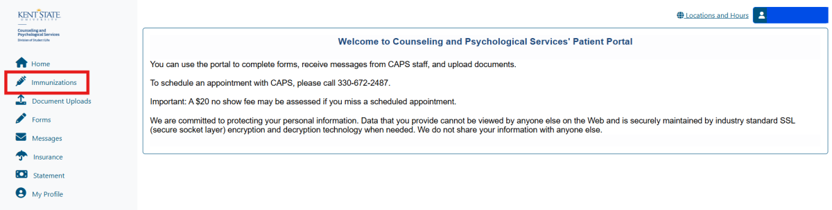 Screenshot of the main page of the patient portal with "immunizations" highlighted