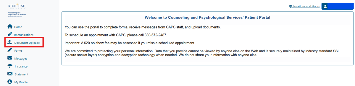 Screenshot of the main page of the patient portal with "document uploads" highlighted