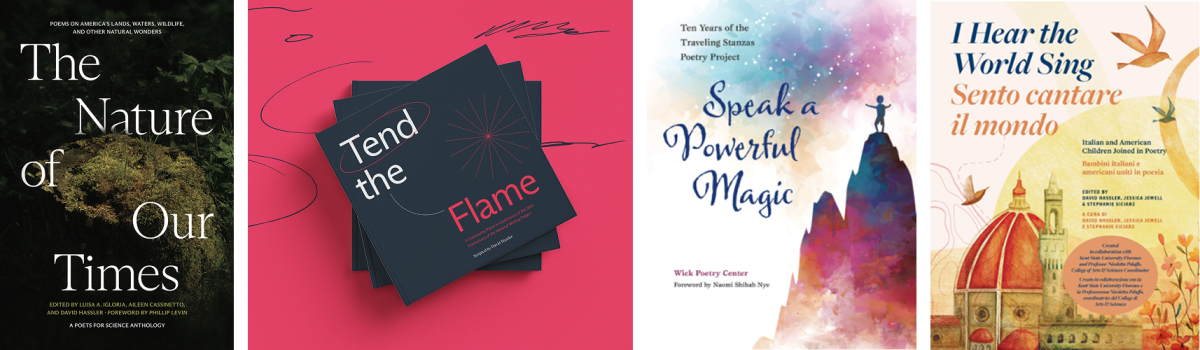 A grid of colorful books published by Wick Poetry Center and partners.