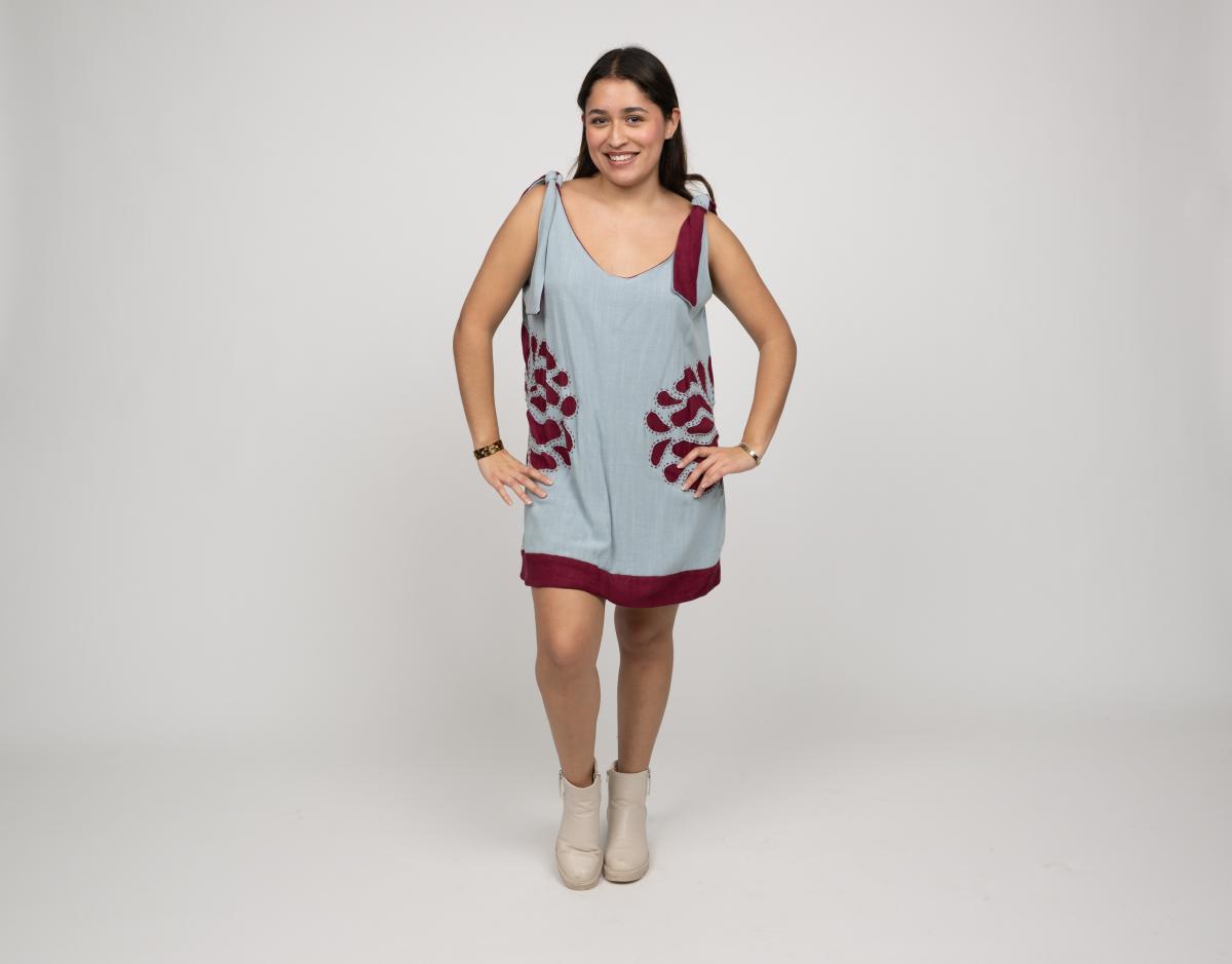 models wears a light blue and Burgundy mini dress with floral embellisshments