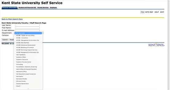 This screen shot illustrates what occurs when an option in Find a person is selected and from which an individual or an official department listing may be found. These listings to not require a review. 
