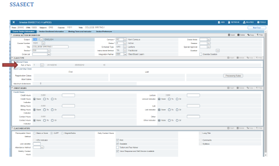 SSASECT is the banner form used to identify part of term