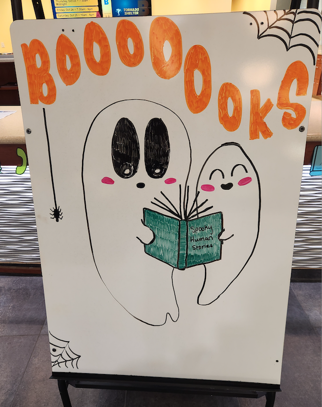 Spooky sign at the University Library. Spooky sign at the University Library.