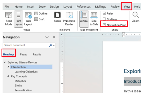 Screenshot of a Microsoft Word document. In the ribbon, the View tab is selected with the Navigation pane option checked and the headings tab selected. Each of these features is called out in a red box.
