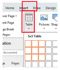 A screenshot of a Microsoft Word document with the Insert tab selected and the table option drop-down menu showing a 3x3 table selected.
