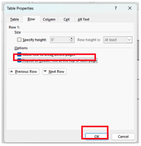 A screenshot of a the Table Properties menu with options that can be adjusted, including the Repeat as header row at the top of each page checkbox emphasized with a red box. The Ok button in the bottom right hand corner is also called out with a red box.