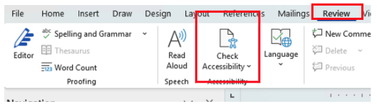The Review menu of a Microsoft Word document with the several options including the Check Accessibility tool.
