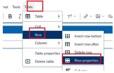 A screenshot of the Canvas rich content editor with the Table menu open and the Row option selected, show additional row options and the Row Properties option highlighted in blue.