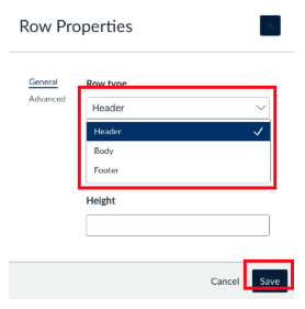 A screenshot of the Row Properties options with the Row Type field expanded and the Header options highlighted in blue and checked. The Save button is also called out for emphasis with a red box.