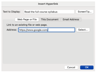 The insert hyperlink menu is open with the option to enter a web address. In the web address box appears https://www.google.com. The Ok option is highlighted in blue at the bottom for selection.