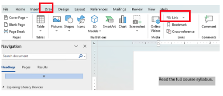 A screenshot of a Microsoft Word document with the Insert menu selected and the link option emphasized with a red box. On the document, the words Read the full course syllabus are highlighted in gray.