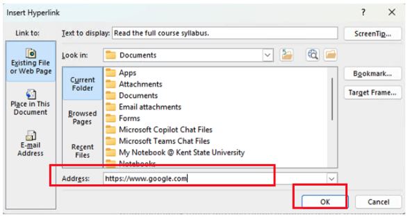 The insert hyperlink menu is open with several choices including the option to enter a web address. In the web address box appears https://www.google.com. The Ok option is highlighted in called out in a red box at the bottom for selection.
