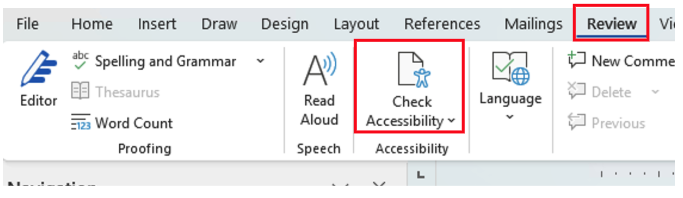 The review menu of a Microsoft Word document with several options including the Check Accessibility feature.