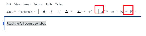 A screenshot showing the link or file icon in Canvas's Rich Content Editor, with link text stating "Read the full course syllabus"