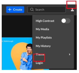 A screenshot of the Kent State Kaltura homepage showing the user menu expanded with the list of options. The login option appears at the bottom of the list.