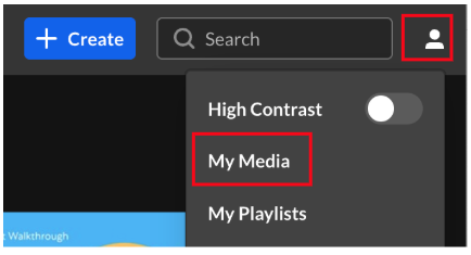 A screenshot of the Kent State Kaltura homepage showing the user menu expanded with the list of options. The My Media option appears as the second options in the list.