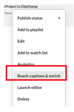 A screenshot of the video options menu in Kaltura with the Reach captions & enrich menu highlighted in gray.