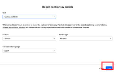 A screenshot of the reach captions and enrich section in Kaltura showing all the different settings