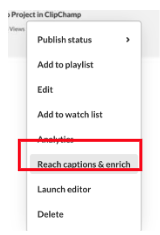 A screenshot of the video options menu in Kaltura with the Reach captions & enrich menu highlighted in gray.