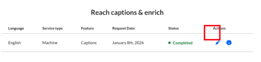 A screenshot of the Reach captions & enrich menu in Kaltura after captions have been ordered. The original order appears with options to complete Actions, including an edit option represented by a blue pencil icon on the far right.