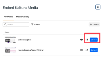 A screenshot of the Embed Kaltura Media option in Canvas. Videos are listed with a blue Embed button on the right.