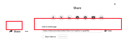A screenshot of the Share menu from a Kaltura video with a box that includes the link to media page, its URL, and the button for Copy is on the right. There is an additional checkbox to Start the video at a specific time with a box to enter that time.