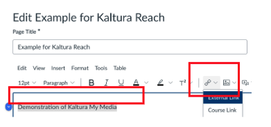 A screenshot of the rich content editor open on a Canvas page with text that reads “Demonstration of Kaltura My Media” highlighted in gray. The link option from the menu bar is selected and highlighted in gray, expanding its options. The External link option is highlighted in blue.