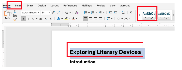 Screenshot of a Microsoft Word document with the words Exploring Literary Devices in large bold font, highlighted gray and called out in a red box. In the ribbon, the Home tab is selected with the Heading 1 option of Styles called out in a red box.