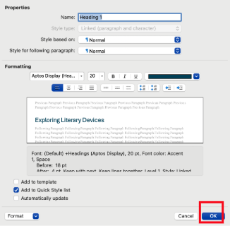 A screenshot of a the Modify Styles pane with editing features presented and the OK option called out in a red box.