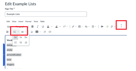 Screenshot of the Canvas rich content editor with the bullets and numbering menu expanded and called out in a red box for emphasis. Also called out is the menu to expand the rich content editor menu bar for more options.