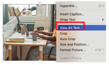 Screenshot of a "View Alt Text" command in Microsoft Word. The background shows a photo of a person working at a desk. The right-click menu is open on the right side of the image, with the "View Alt Text..." menu item selected in blue and called out in a red box.