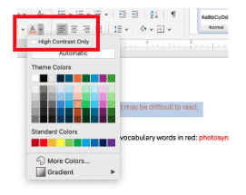 A screenshot of the Microsoft Word interface demonstrating color selection for text. The "Theme Colors" and "Standard Colors" palette is open, showing a grid of various color swatches. In the background, a line of text is highlighted in light blue with orange lettering that reads "t may be difficult to read," illustrating a low-contrast accessibility issue. Another line of text below it shows a vocabulary word highlighted in bright red. 