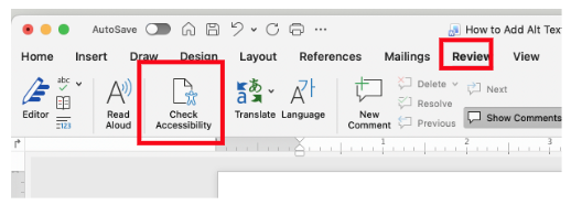 A screenshot of the Microsoft Word for Mac "Review" tab in the top ribbon menu. The toolbar displays accessibility and language features, including prominent icons for the Editor, Read Aloud, and Check Accessibility tools. The Review tab and the Check Accessibility tool are called out in a red box.