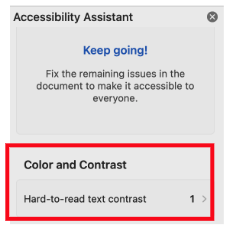 A screenshot of the Accessibility Assistant in Microsoft Word with the Color Contrast warning and Hard to read text contrast identified with 1 error.