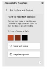 A screenshot of the Accessibility Assistant with the further explanation of the Color and Contrast Hard to read text contrast error and ways you can fix it, including 3 color options.