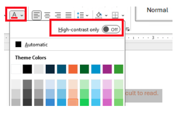 A screenshot of the Microsoft Word interface demonstrating color selection for text. The "Theme Colors" and "Standard Colors" palette is open, showing a grid of various color swatches. The font menu and high-contrast only toggle are called out in a red box. In the background, a line of text is highlighted in gray with orange lettering that reads "icult to read," illustrating a low-contrast accessibility issue.