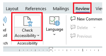 A screenshot of the Microsoft Word for PC "Review" tab in the top ribbon menu called out in a red box. The toolbar displays accessibility and language features, including a prominent icon for the Check Accessibility tool called out in a red box.