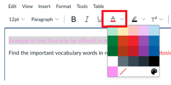A screenshot of the rich content editor in Canvas with the font color menu selected, displaying a palatte of options. The font menu is called out in a red box.