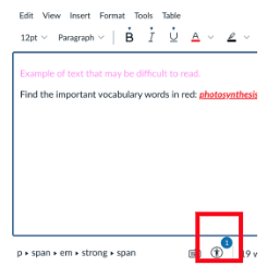 A screenshot of the rich content editor in Canvas with the Accessibility Checker image at the bottom displaying a number one. The icon is called out in a red box.
