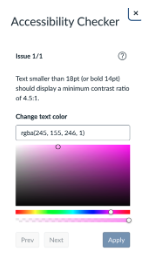 A screenshot of the Accessibility Checker in Canvas indicated one issue with color contrast and suggesting that the text color be changed to display a minimum contrast ration of 4:5:1. An apply button appears at the bottom to save changes.