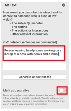 A screenshot of the "Alt Text" sidebar in Microsoft Word. It shows a text entry box containing the description "Person wearing headphones working on a laptop at a desk with books and a lamp."  Below the box is a button labeled "Generate alt text for me" and a toggle switch to "Mark as decorative."