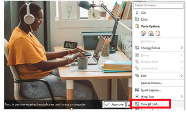 A screenshot of a "View Alt Text" command in Microsoft Word. The background shows a photo of a person working at a desk. The right-click menu is open on the right side of the image, with the "View Alt Text..." menu item highlighted in gray.