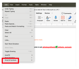 A screenshot of the Microsoft Word for Mac interface showing the "Edit" drop-down menu open. The Emoji & Symbols option is at the bottom of the list. In the background, a document workspace displays a line of low-contrast orange text and a second line of text where the words "photosynthesis, mitosis, osmosis" are highlighted in light blue, bolded, italicized, and colored red. A small green checkmark icon is placed next to the word "photosynthesis" in the document.
