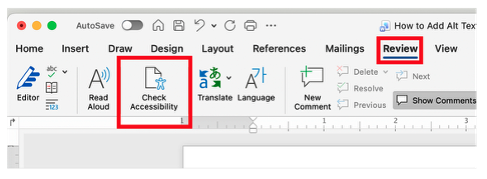 A screenshot of the Microsoft Word for Mac "Review" tab in the top ribbon menu. The toolbar displays accessibility and language features, and the Check Accessibility tool is the 3rd option from the left.